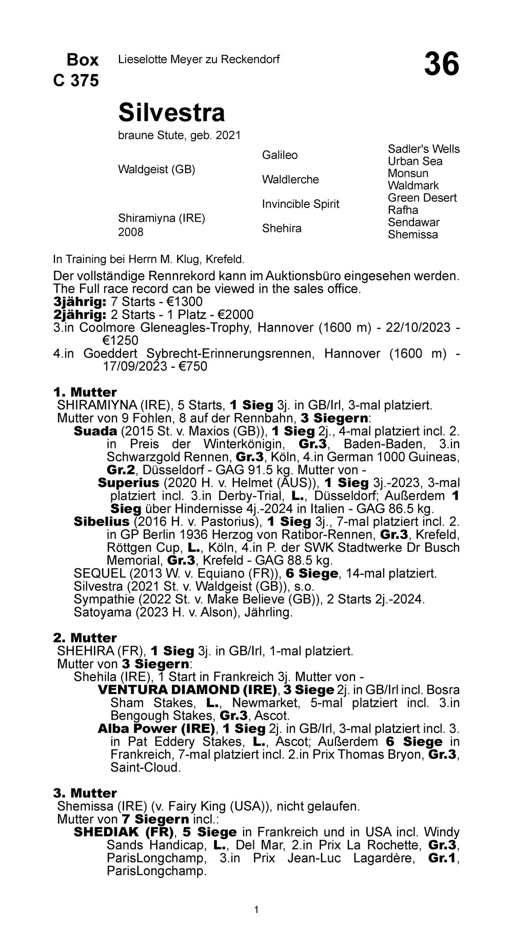 Pedigree pour Silvestra, 2021