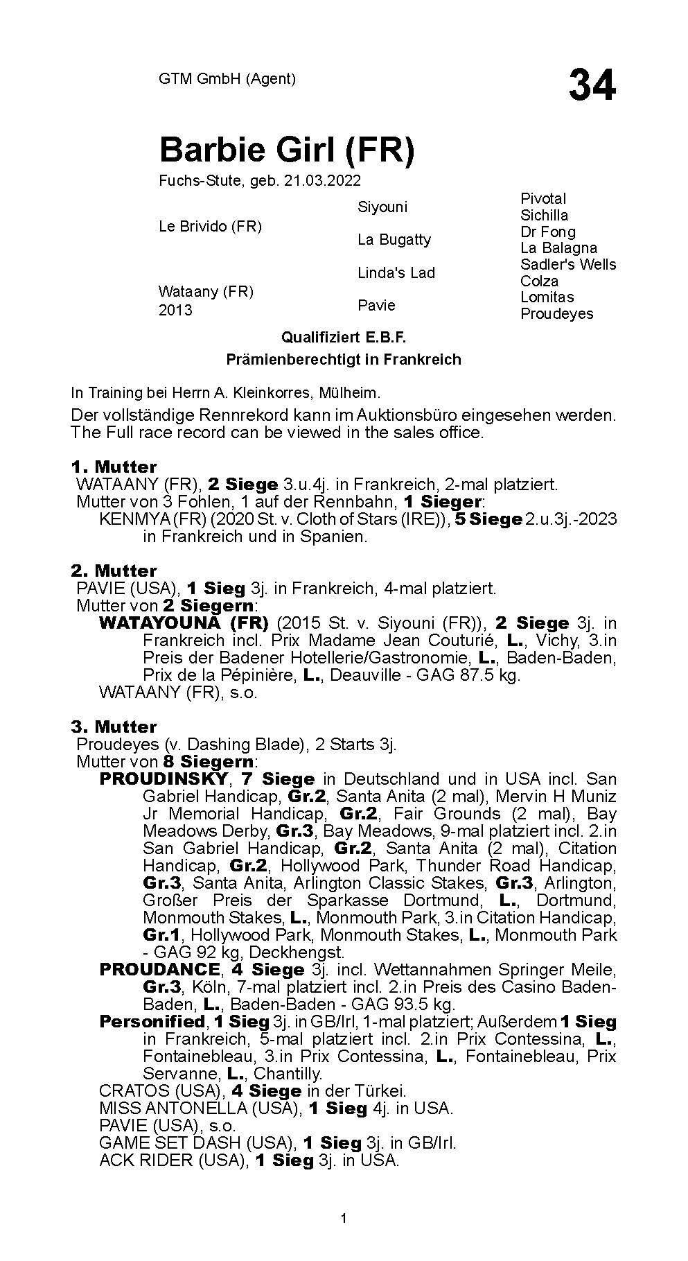 Pedigree for Barbie Girl (FRA), 2022