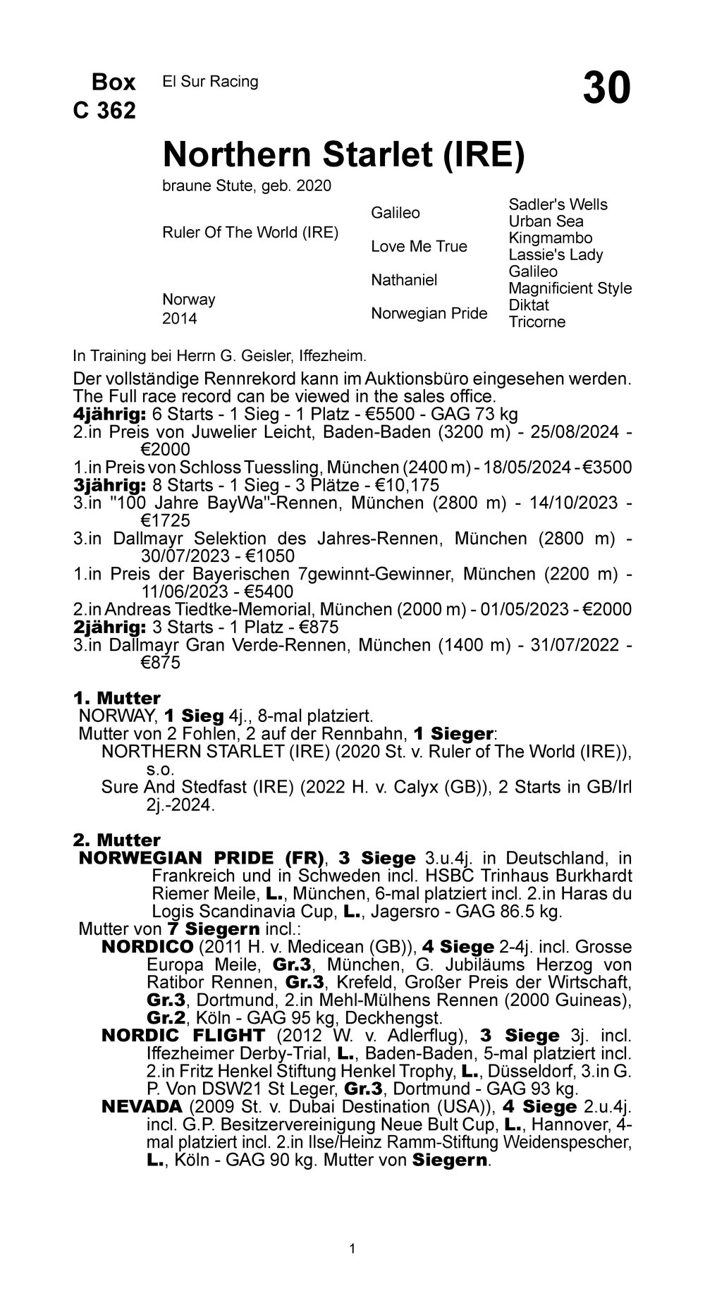 Pedigree pour Northern Starlet (IRL), 2020