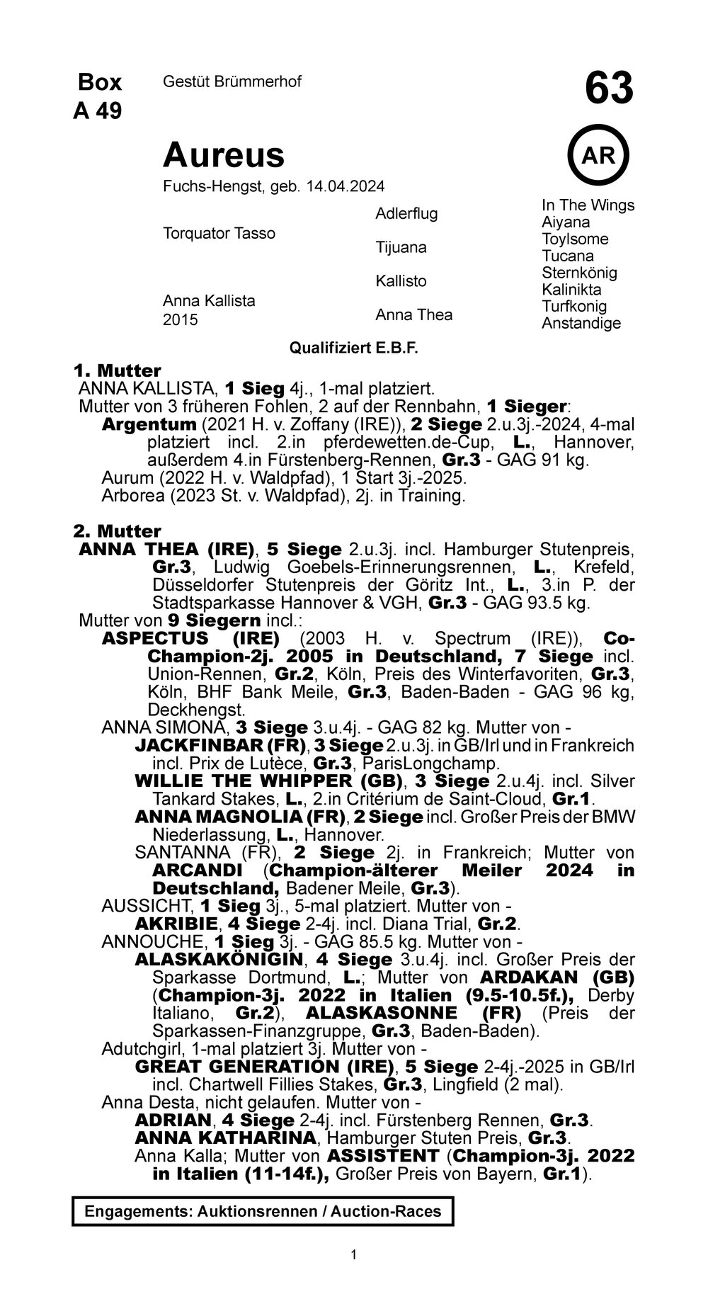 Pedigree for Aureus (GER), 2024