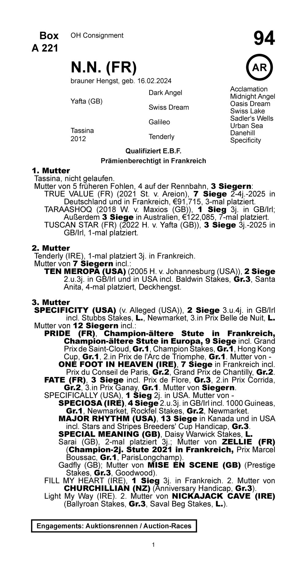 Pedigree pour Yafta (GB) x Tassina (FRA), 2024