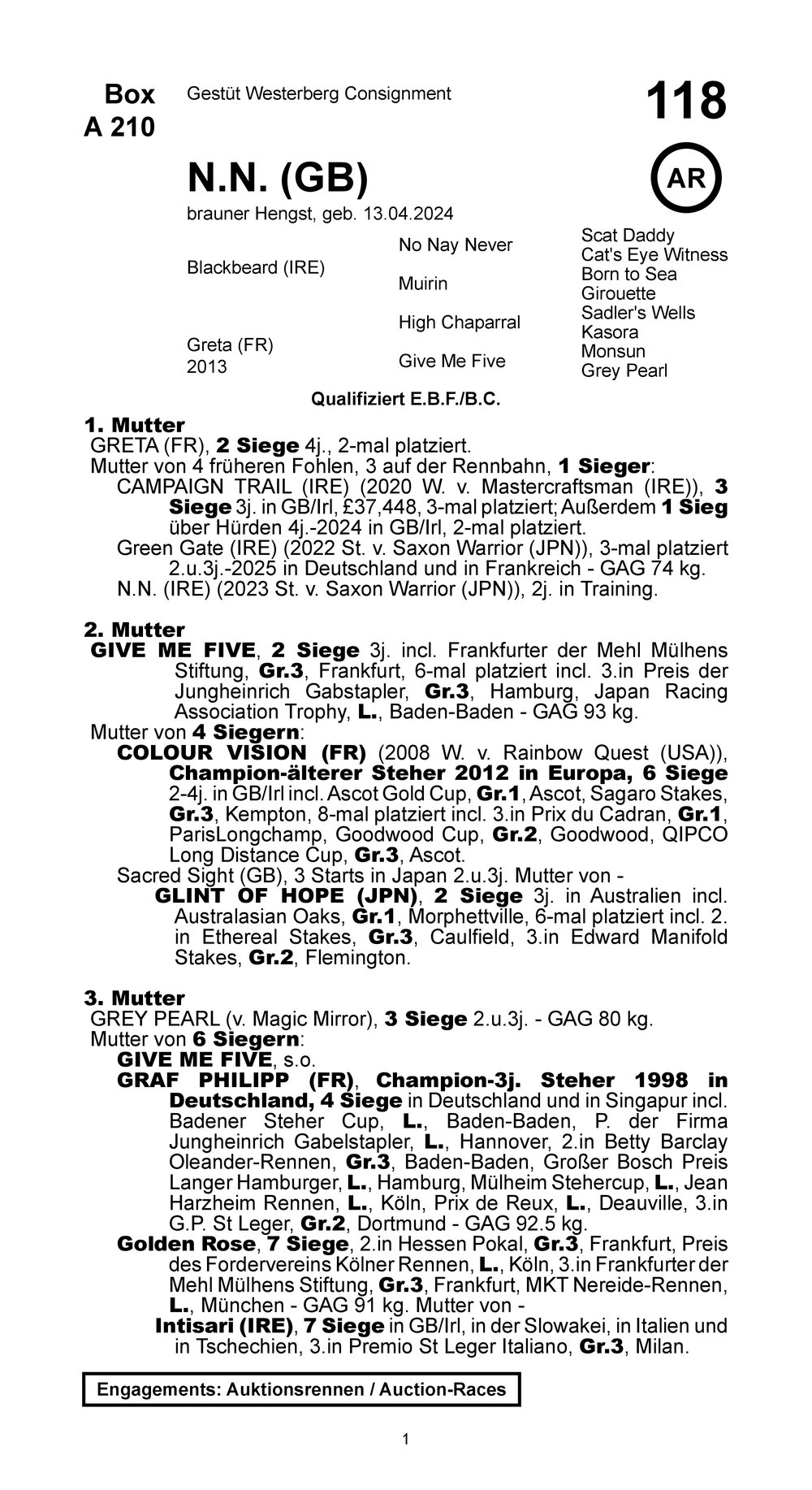 Pedigree for Blackbeard (IRE) x Greta (FR) (GBR), 2024