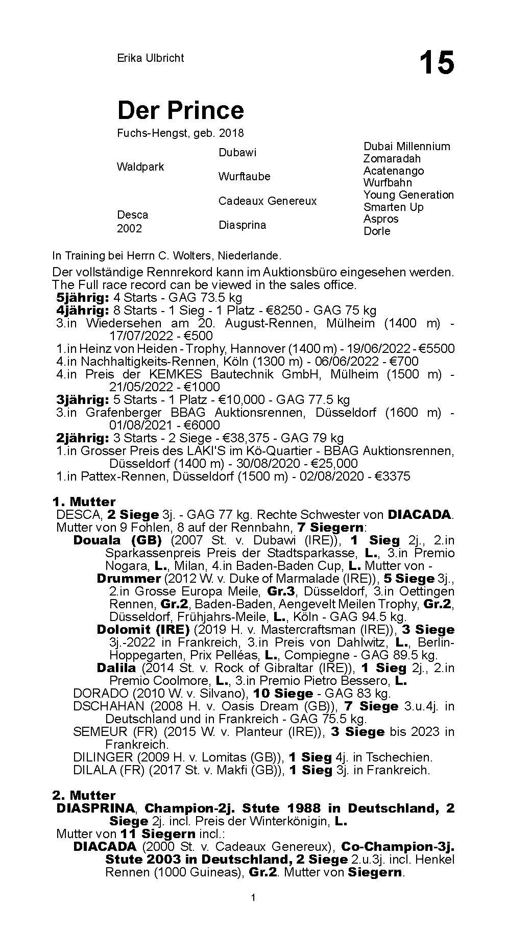 Pedigree pour Der Prince (GER), 2018