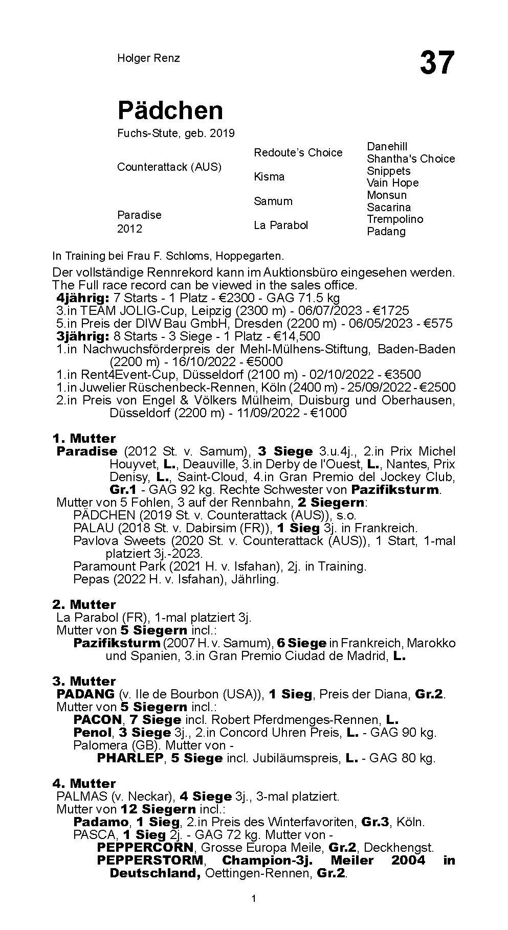 Pedigree for Paramount Park (GER), 2019