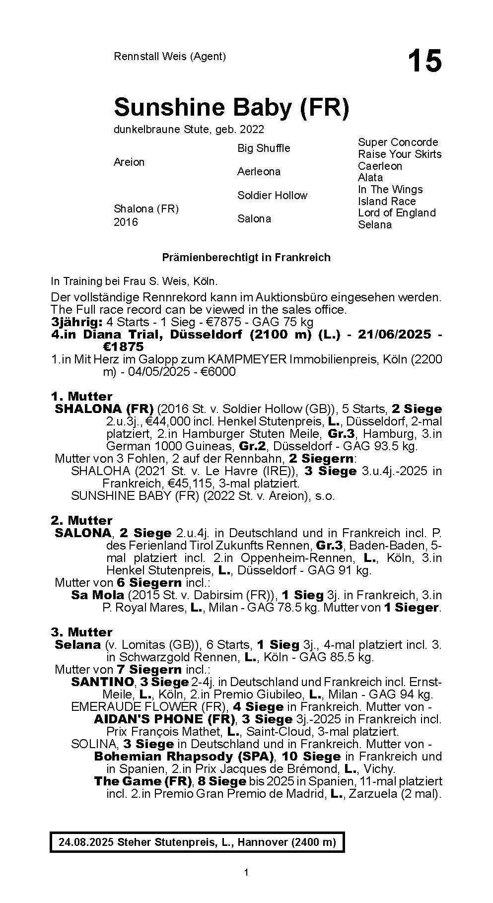 Pedigree pour Sunshine Baby, 2022