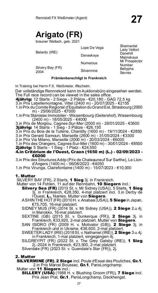 Pedigree pour Arigato (FRA), 2021