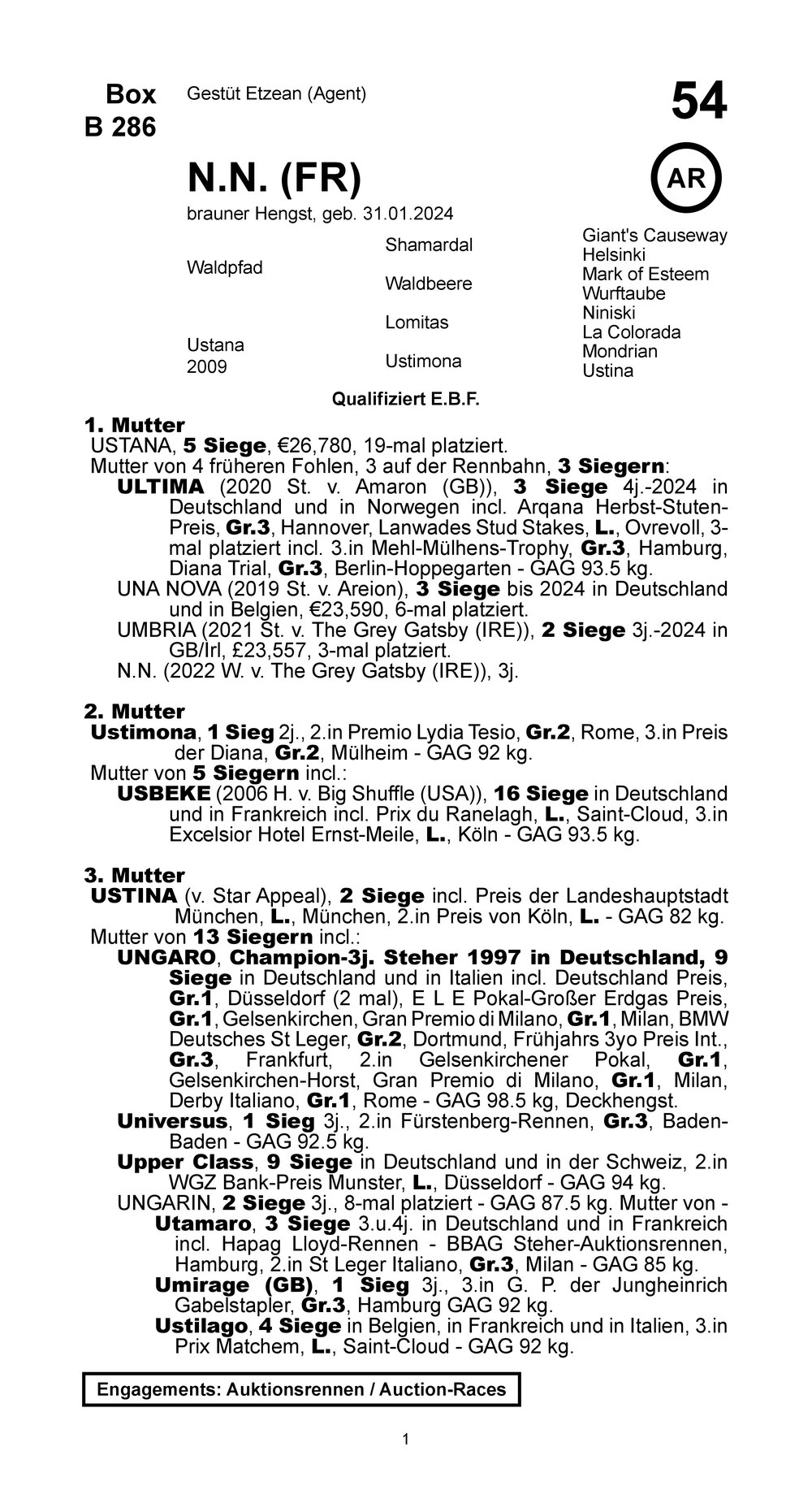 Pedigree pour Waldpfad x Ustana (FRA), 2024