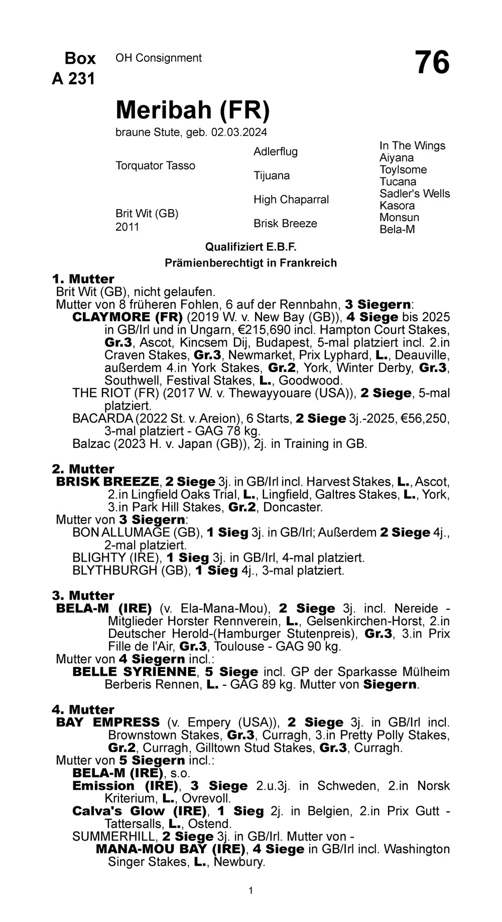 Pedigree for Meribah (FRA), 2024